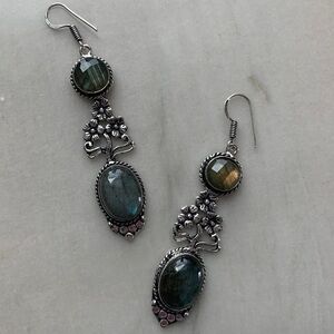 1971 Floral Silver and Blue Labradorite Gemstone Earrings